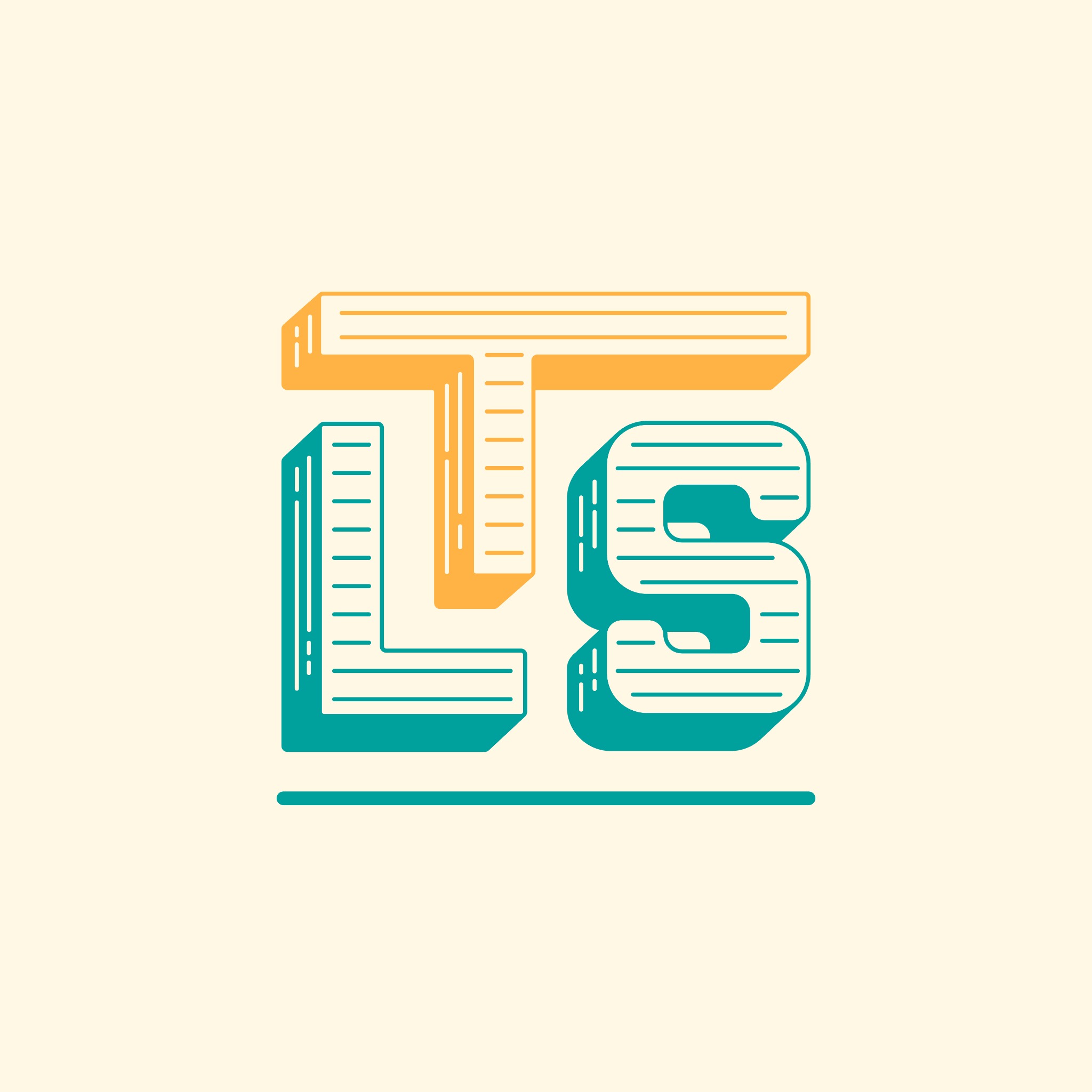 Retro-stylizowane logo z geometrycznymi literami 'LS' w kolorach turkusowym i żółtym, z efektem cienia i paskami wewnątrz liter na kremowym tle.