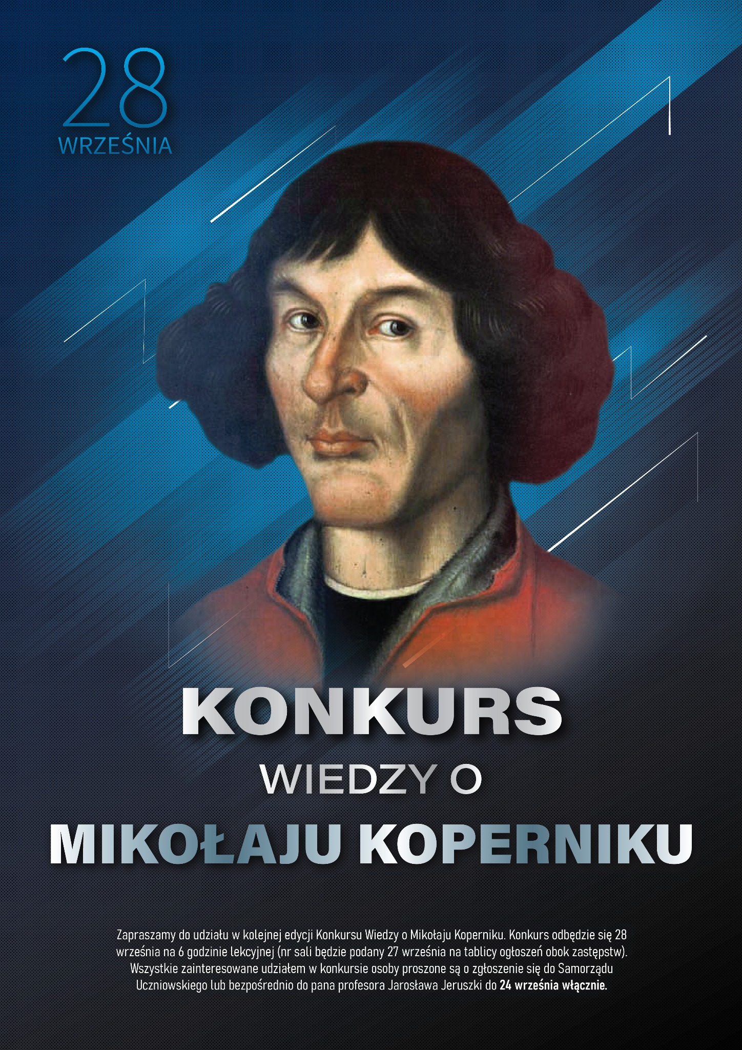 Plakat informujący o konkursie wiedzy o Mikołaju Koperniku, z portretem astronoma i datą 28 września.