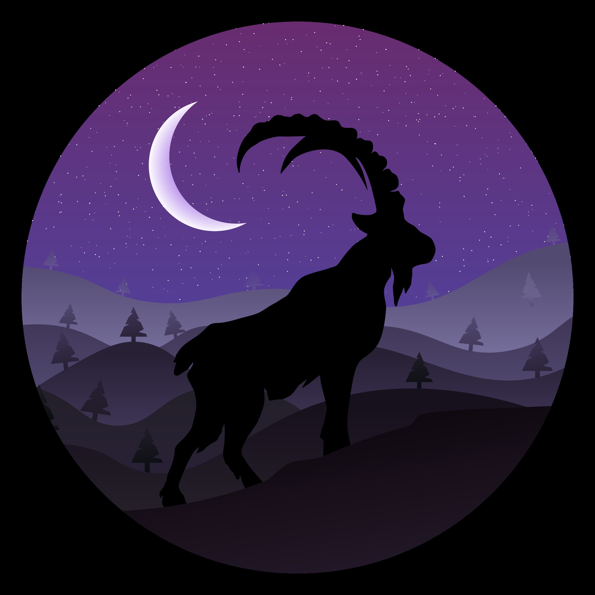 Grafika wektorowa przedstawiająca sylwetkę koziorożca na tle nocnego krajobrazu z księżycem i gwiazdami, w tonacji fioletowo-czarnej.