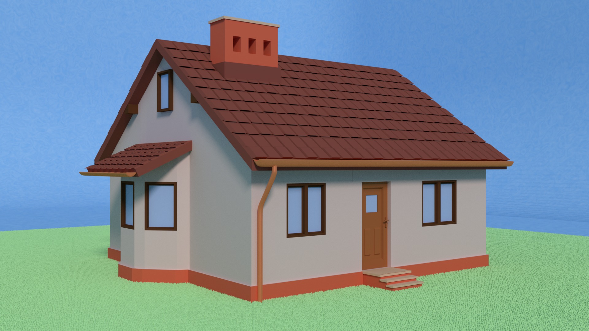 Wizualizacja 3D domu jednorodzinnego z brązowym dachem i kominem, na zielonym trawniku i tle błękitnego nieba.