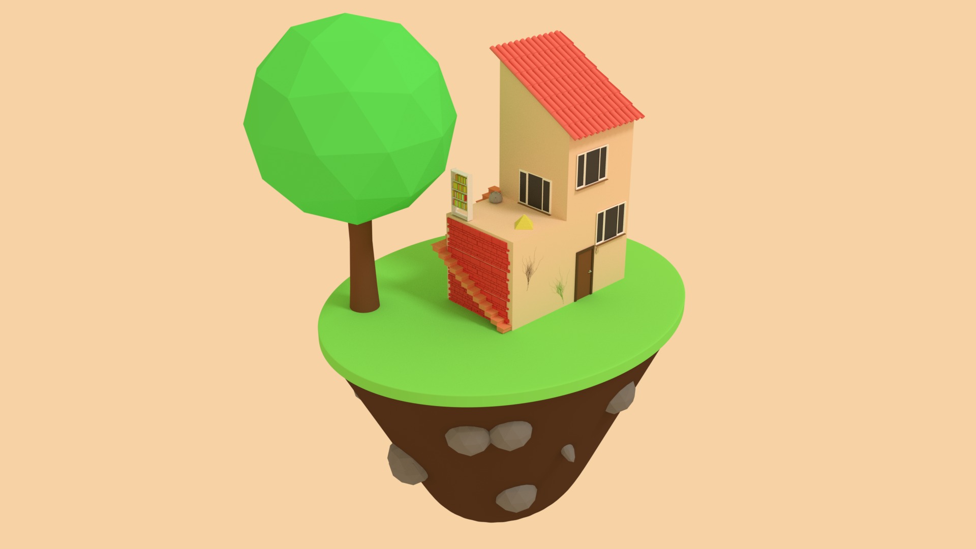 Grafika 3D przedstawiająca dwupiętrowy dom z czerwonym dachem, ceglanymi schodami i drzewem na zielonej wyspie unoszącej się w powietrzu.