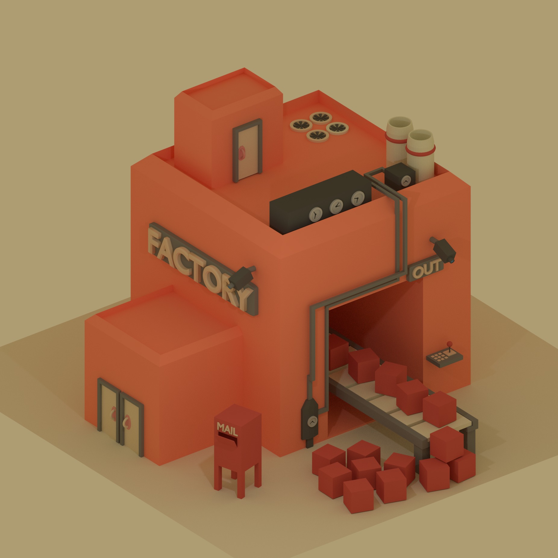 Stylizowana, trójwymiarowa ilustracja fabryki z napisem 'FACTORY', taśmą produkcyjną transportującą czerwone kostki i skrzynką pocztową z napisem 'MAIL' przed budynkiem.