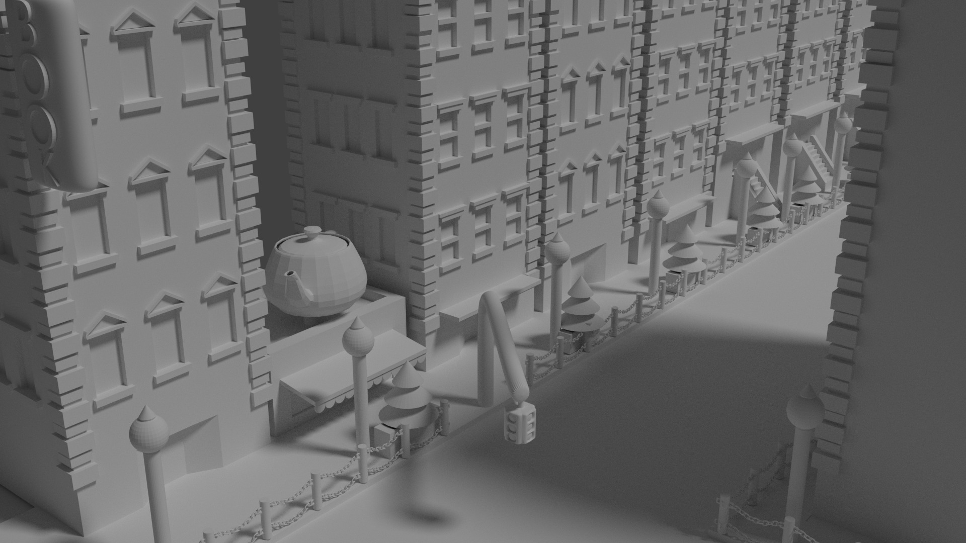 3D render miejskiej ulicy z budynkami w stylu kamienic, oświetlonej lampami ulicznymi i z czajnikiem postawionym na jednym z balkonów.