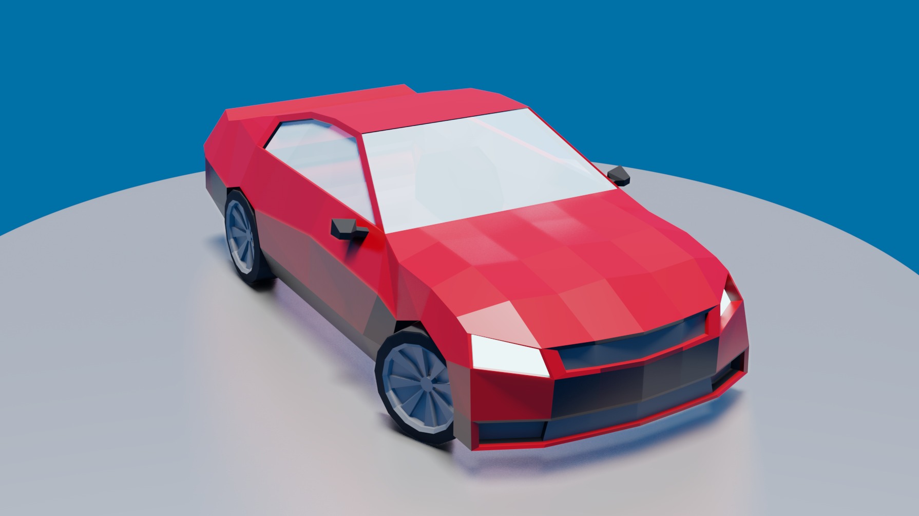 Nisko-wielokątowy model czerwonego samochodu sportowego z ciemnoszarymi detalami na białym postumencie z niebieskim tłem.