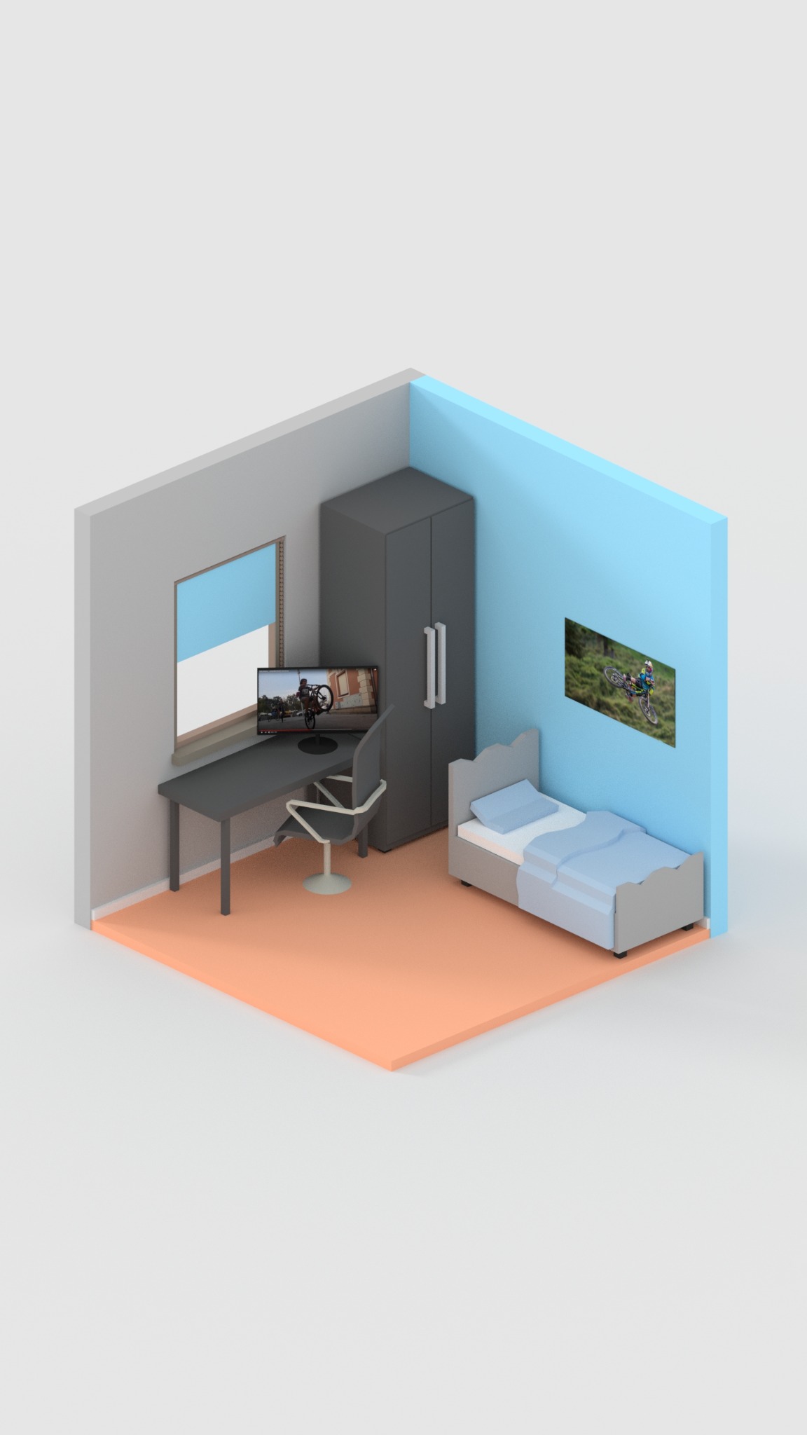 Izometryczna wizualizacja pokoju z biurkiem, komputerem wyświetlającym film z rowerzystą, łóżkiem i szafą.