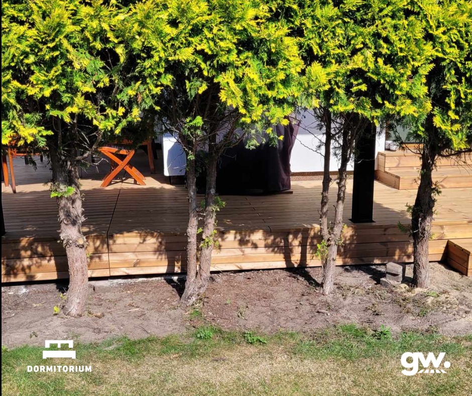 Drewniany taras z deski thermososna, widoczny z poziomu trawnika, z młodymi drzewkami posadzonymi wzdłuż krawędzi. W tle meble ogrodowe i fragment białej ściany budynku.