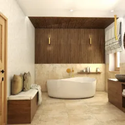 Nowoczesna łazienka z wolnostojącą wanną, drewnianą boazerią i okrągłym lustrem z oświetleniem, uzupełniona o drewniane szafki pod umywalki i siedzisko z poduszkami.