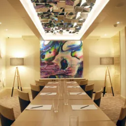 Sala konferencyjna z długim stołem, krzesłami z ciemnymi nogami, abstrakcyjnym obrazem na ścianie i dekoracyjnym sufitem z lustrzanych elementów