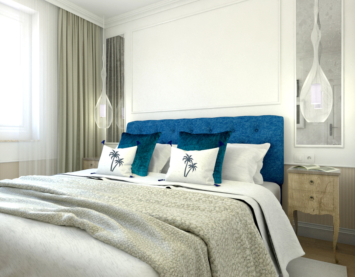 Jasna sypialnia z turkusowym zagłówkiem i poduszkami z motywem palmy, wiszącymi lampami z białej siatki i beżową narzutą.