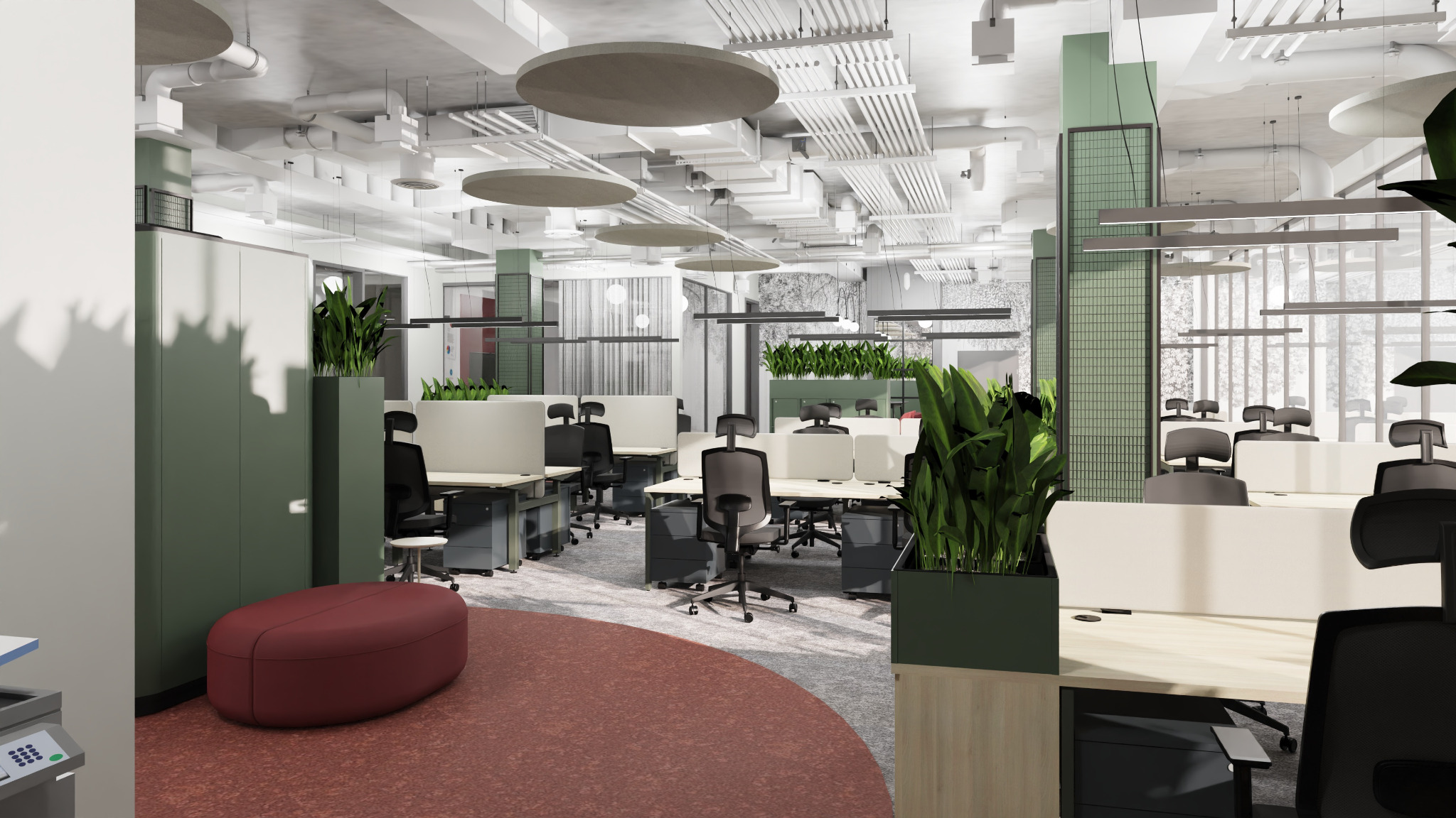 Nowoczesne biuro z otwartą przestrzenią, jasnymi biurkami oddzielonymi przegrodami, roślinami doniczkowymi i okrągłymi lampami sufitowymi, tworzące inspirujące środowisko pracy.