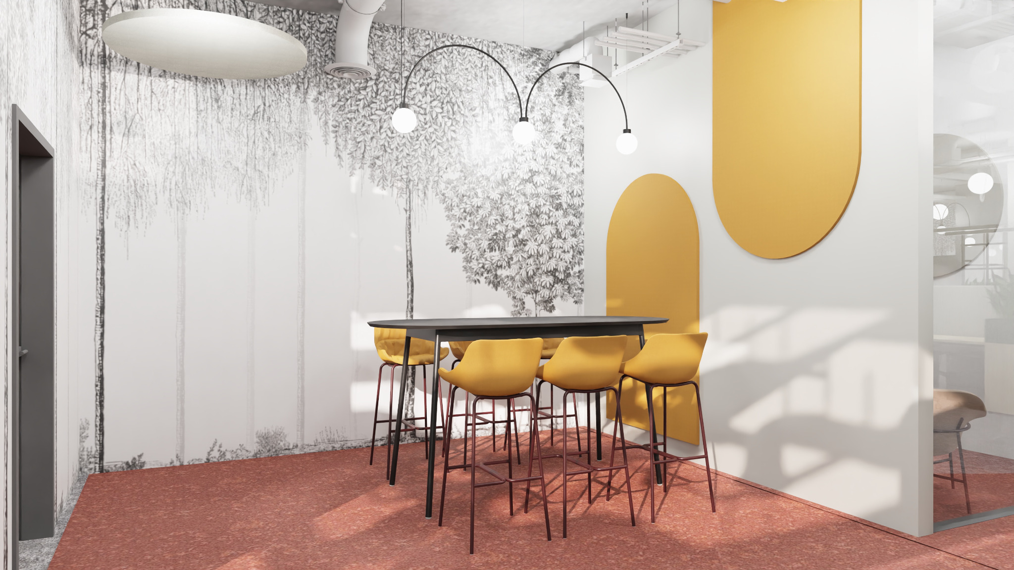 Nowoczesna aranżacja biurowa: wysoki stół z żółtymi krzesłami barowymi, ściana z motywem lasu i geometryczne, żółte dekoracje. Oświetlenie sufitowe.