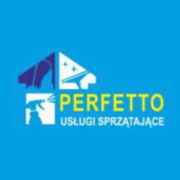 Logo firmy sprzątającej Perfetto: stylizowany budynek z rozpylaczem i napisem 'Usługi Sprzątające' na niebieskim tle.