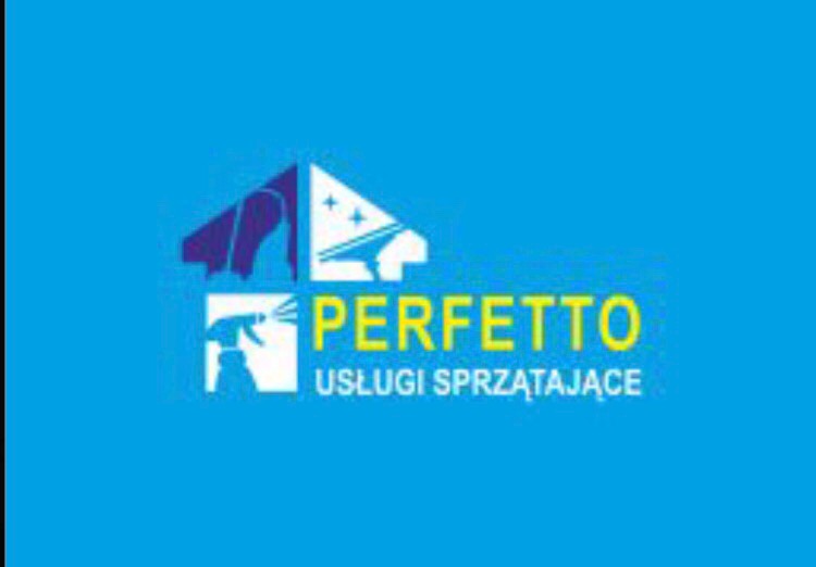 Logo firmy sprzątającej Perfetto: stylizowany budynek z rozpylaczem i napisem 'Usługi Sprzątające' na niebieskim tle.