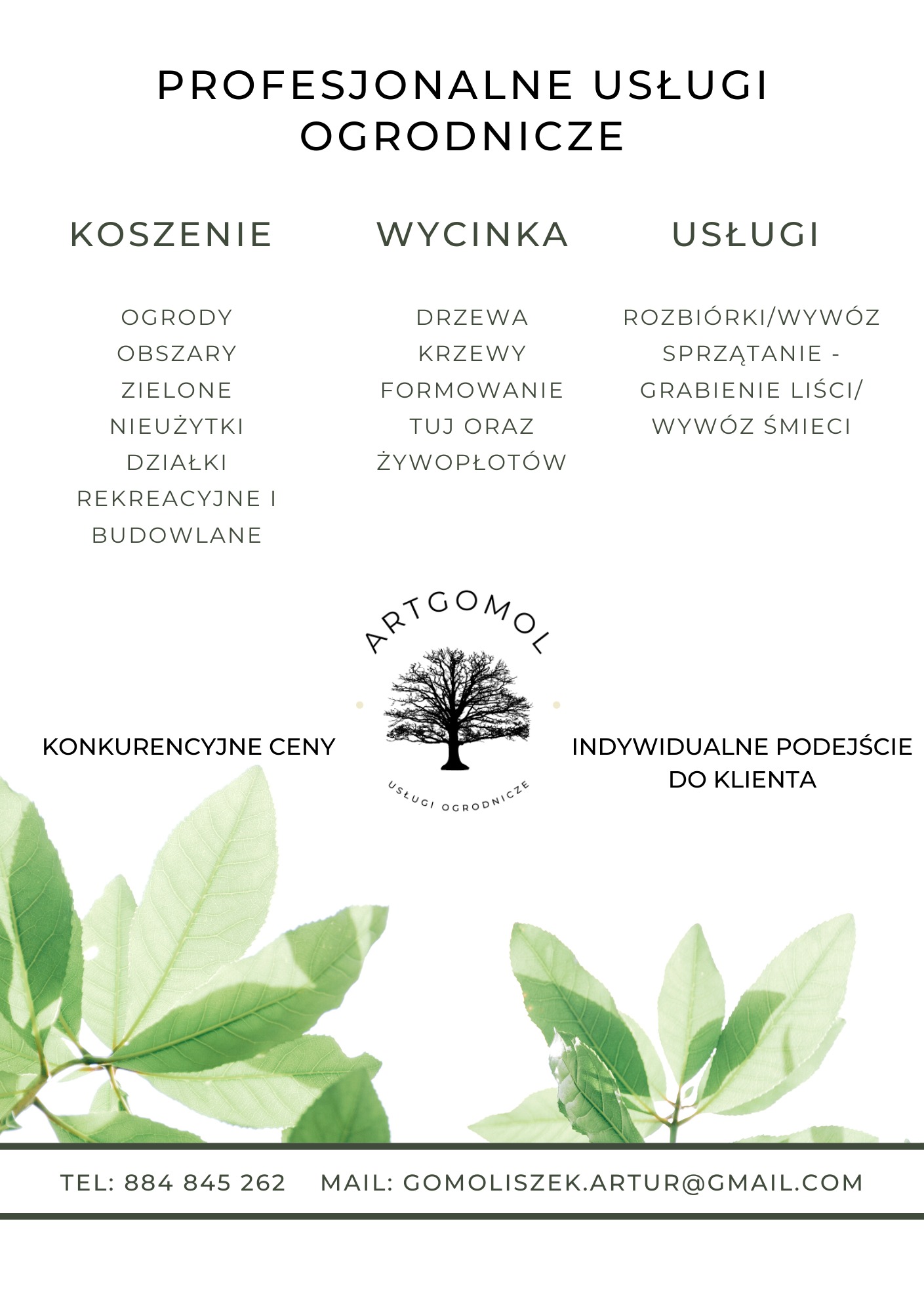 Profesjonalne usługi ogrodnicze: koszenie, wycinka, rozbiórki, sprzątanie, konkurencyjne ceny, indywidualne podejście do klienta. Logo firmy ArtGomol z drzewem.