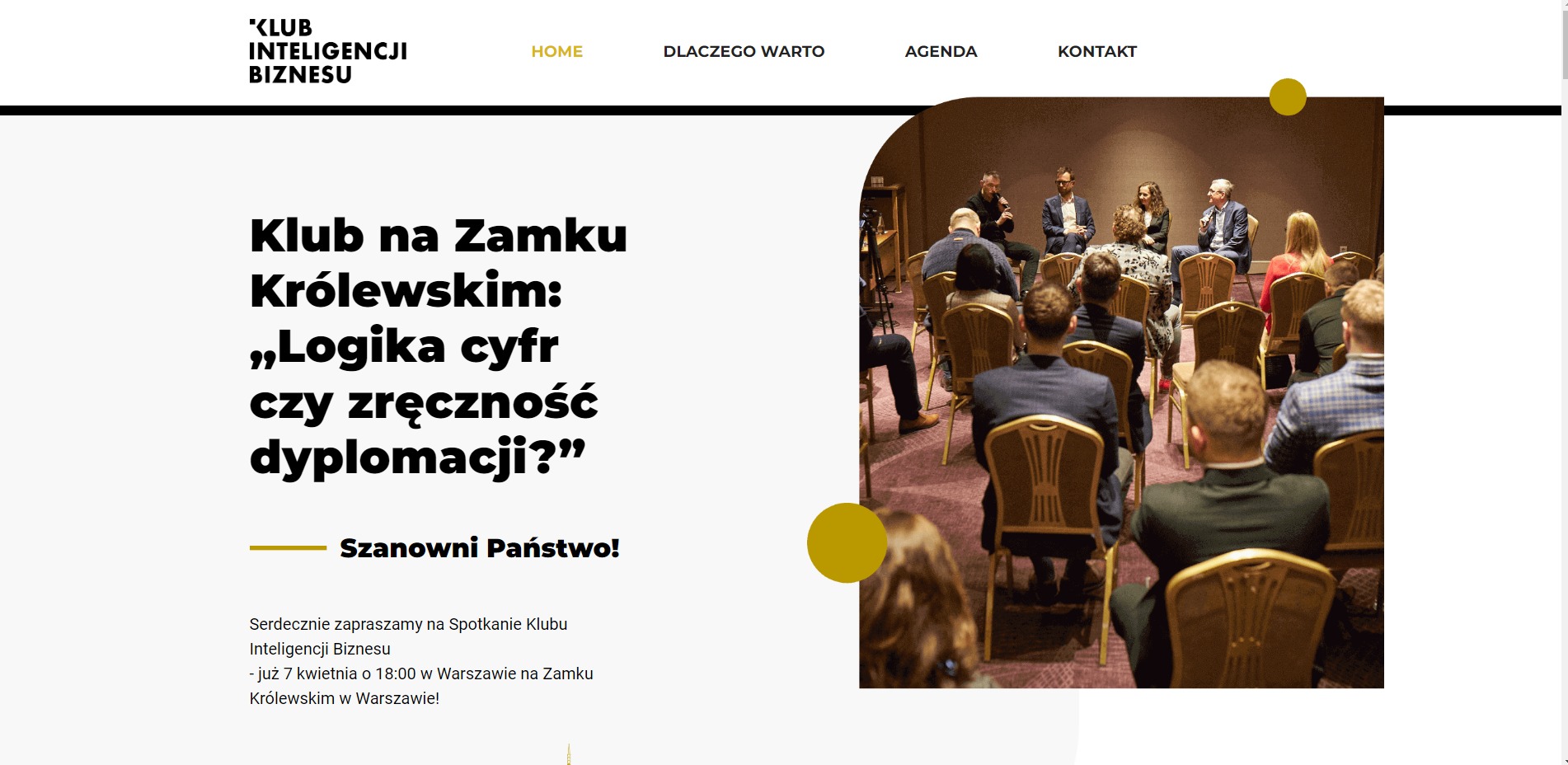 Strona internetowa Klubu na Zamku Królewskim prezentująca relację ze spotkania biznesowego z prelegentami i publicznością.