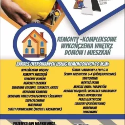 Ulotka reklamowa firmy remontowej oferującej kompleksowe wykończenia wnętrz domów i mieszkań, z wykazem usług takich jak ściany z płyt G-K, tapetowanie, montaż okien i parapetów oraz danymi...