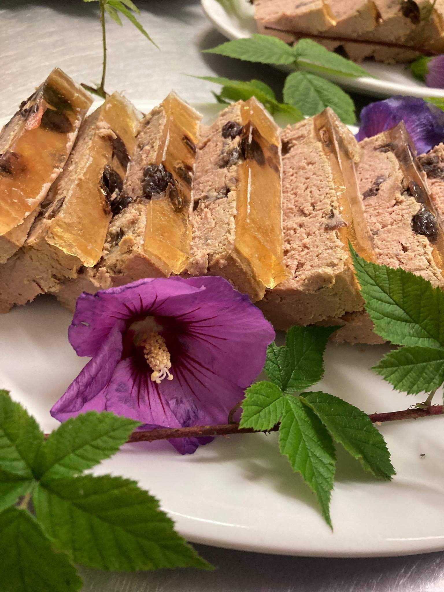 Krojony pasztet z galaretką i suszonymi śliwkami, udekorowany fioletowym kwiatem hibiskusa i zielonymi liśćmi malin na białym talerzu.