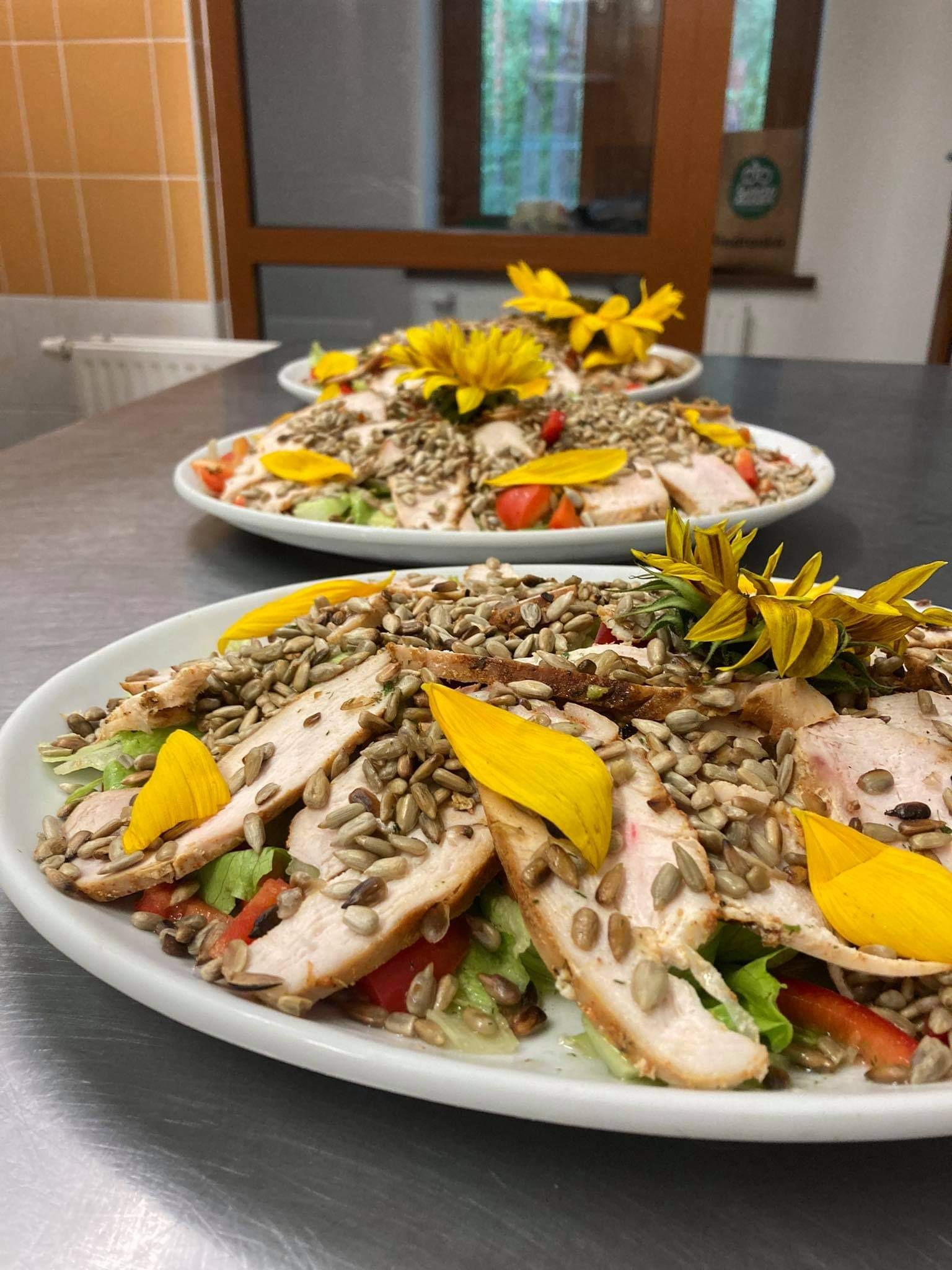 Trzy talerze z sałatką z grillowanym kurczakiem, pomidorami, sałatą, pestkami słonecznika i dekoracją z płatków słonecznika na metalowym stole w kuchni.