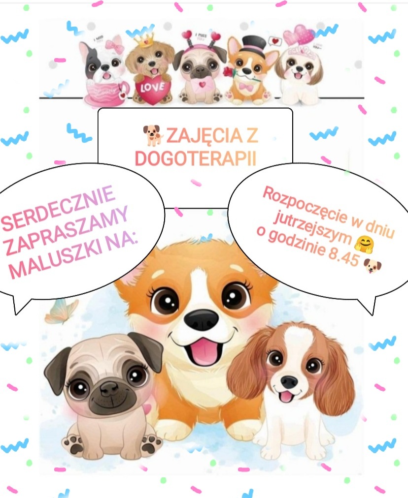 Grafika z zaproszeniem na zajęcia z dogoterapii dla małych dzieci, prezentująca urocze, animowane wizerunki psów różnych ras.