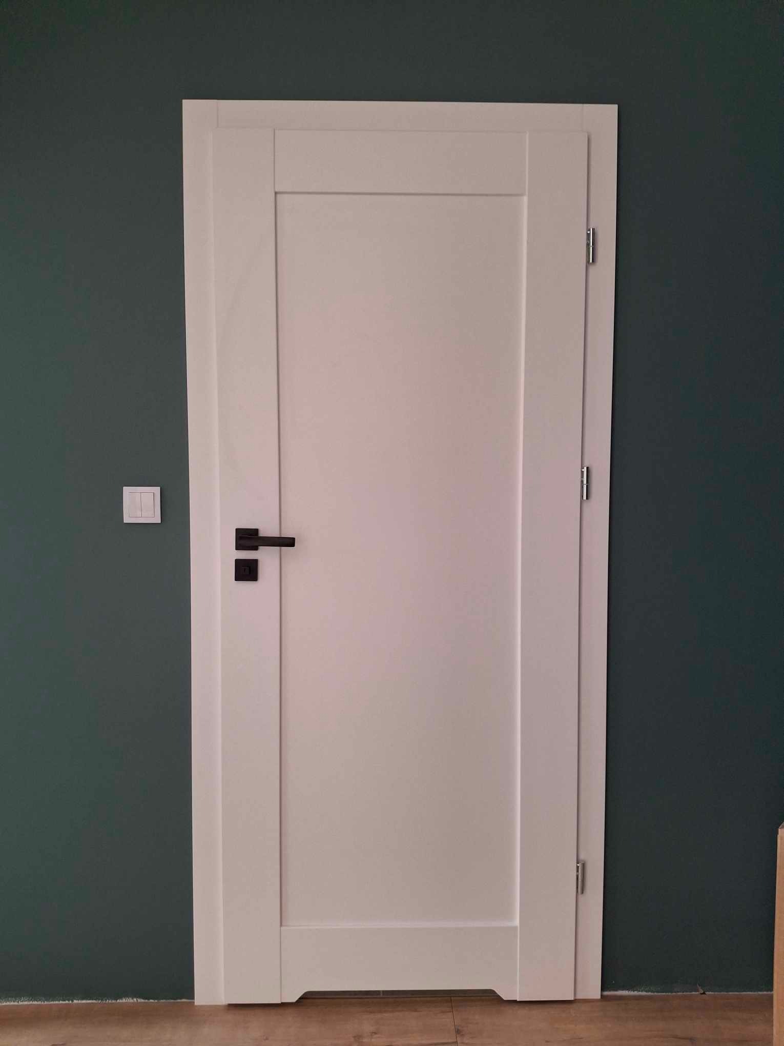 Białe drzwi wewnętrzne z czarną klamką na tle ciemnozielonej ściany, widoczne zawiasy i włącznik światła.