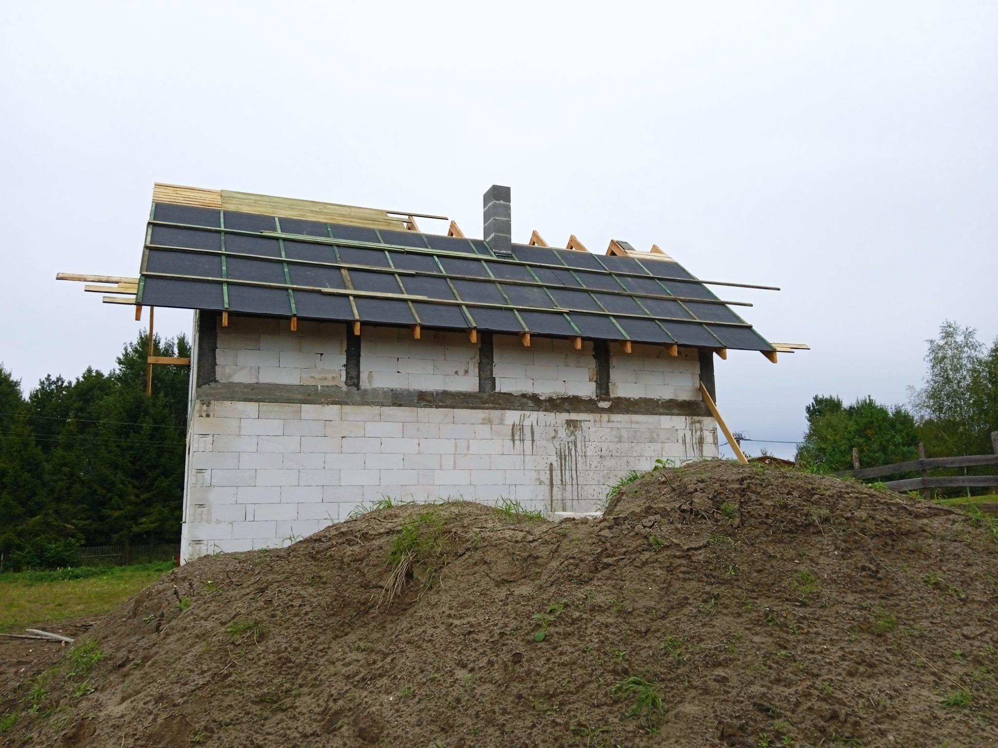 Surowy stan budowy domu: ściany z białego bloczka, częściowo pokryty dach z czarną papą i drewnianą konstrukcją, widoczny komin z szarej cegły oraz hałda ziemi przed budynkiem.
