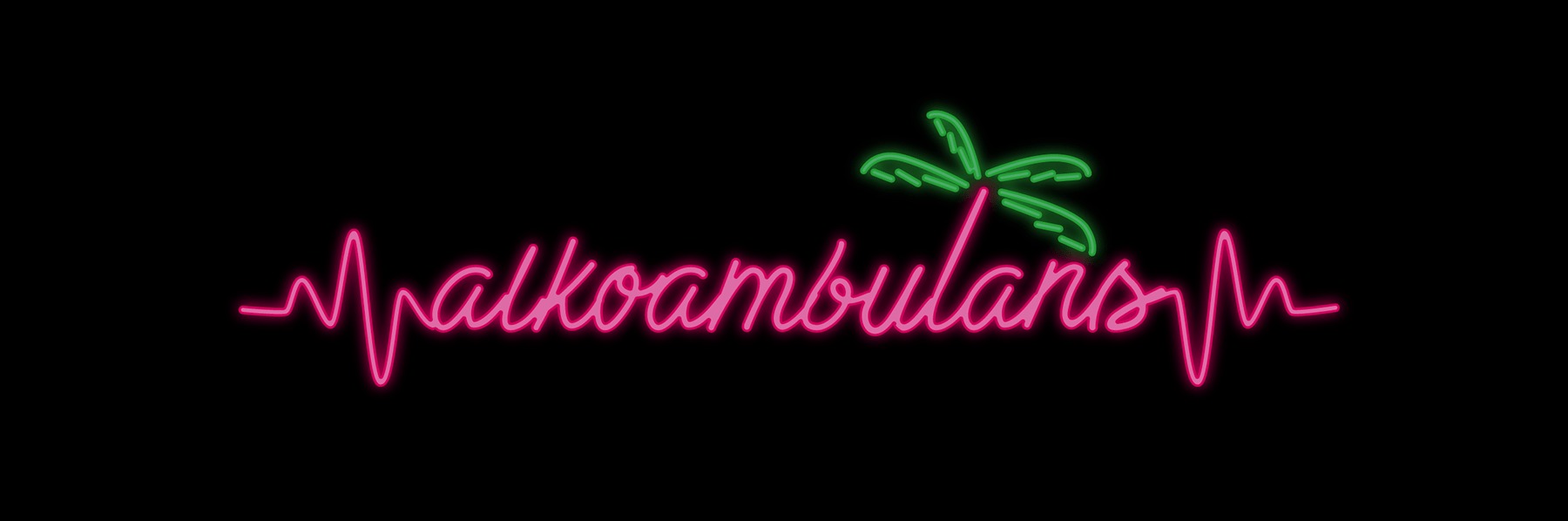 Neonowy logotyp 'alkoambulans' z motywem linii życia i palmy na czarnym tle.