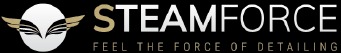 Logo firmy Steamforce z motywem skrzydeł i hasłem 'Feel the force of detailing' na czarnym tle.