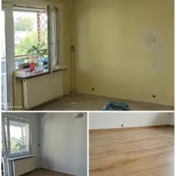 Pokój w trakcie odświeżania: ściany częściowo przygotowane, z widocznymi śladami po szpachlowaniu, okno z roślinami na parapecie, oraz fragment wykończonej podłogi z paneli.