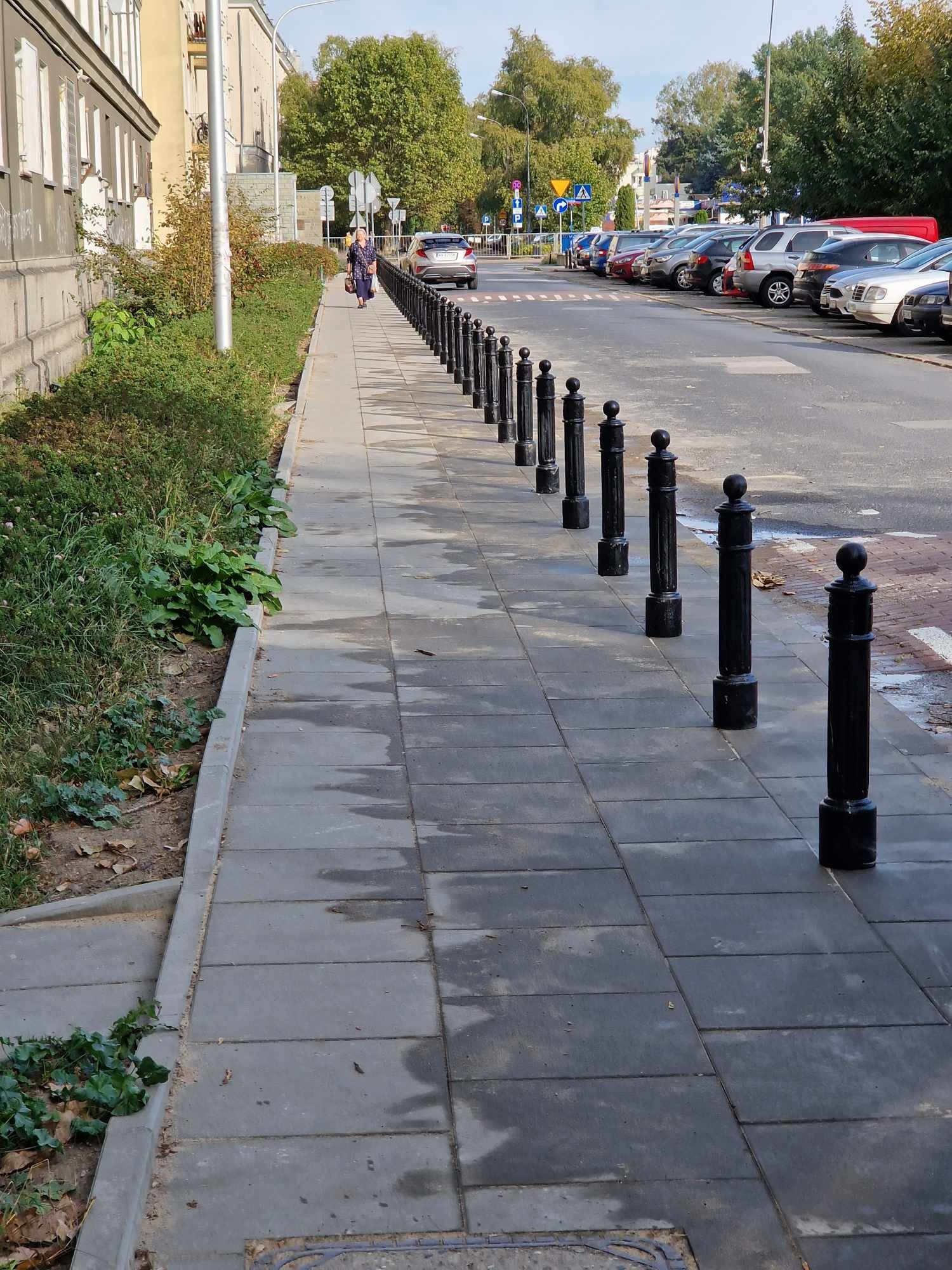 Szary chodnik z kostki brukowej oddzielony rzędem czarnych słupków od ulicy z zaparkowanymi samochodami, w tle budynek i zieleń.