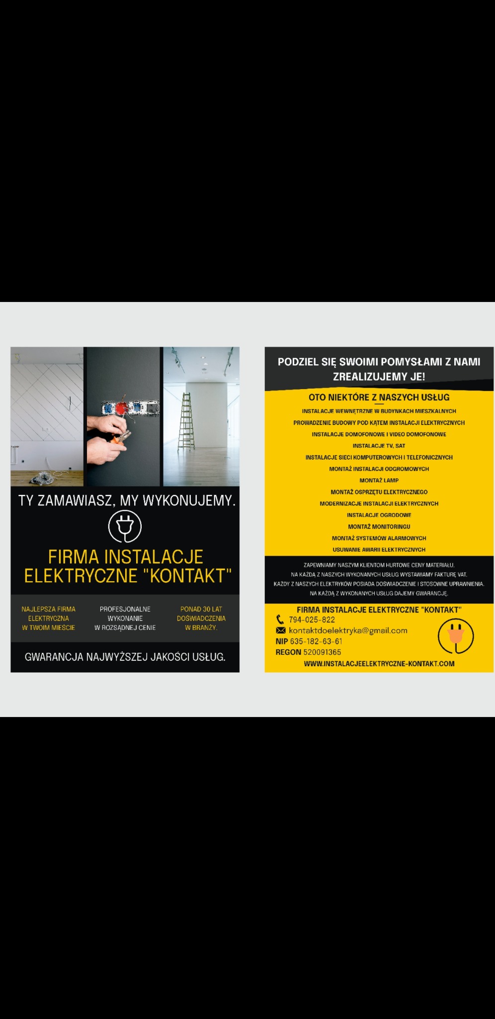 Plakat reklamowy firmy instalacji elektrycznych 'Kontakt' z hasłem 'Ty zamawiasz, my wykonujemy' i informacjami kontaktowymi oraz listą oferowanych usług.