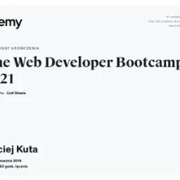 Certyfikat ukończenia kursu 'The Web Developer Bootcamp 2021' na platformie Udemy, wystawiony dla Macieja Kuty, z datą 9 września 2019 i długością 63 godzin.