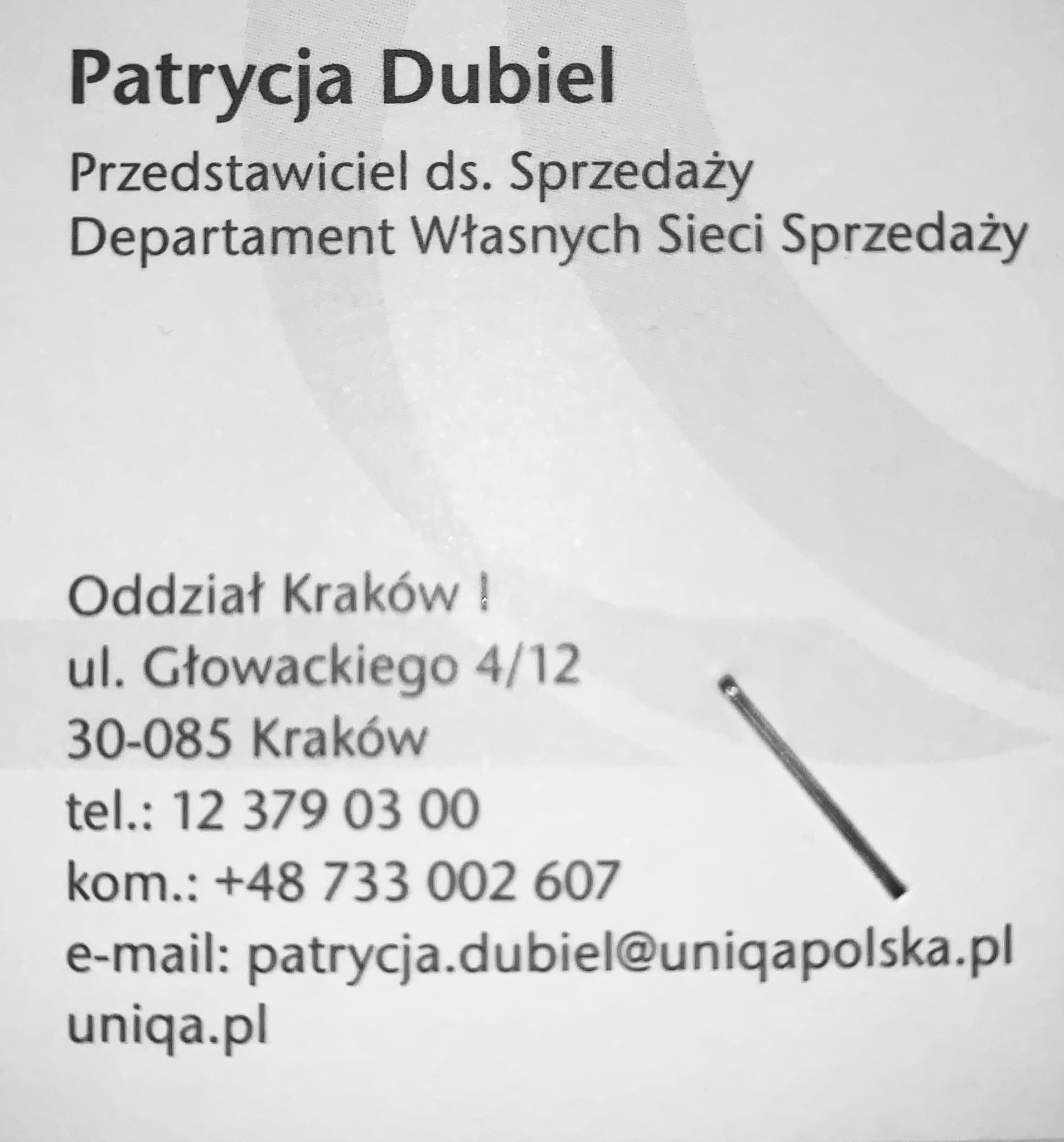 Wizytówka Patrycji Dubiel, przedstawiciela ds. sprzedaży Departamentu Własnych Sieci Sprzedaży, Oddział Kraków, z adresem, numerami telefonów i adresem e-mail.