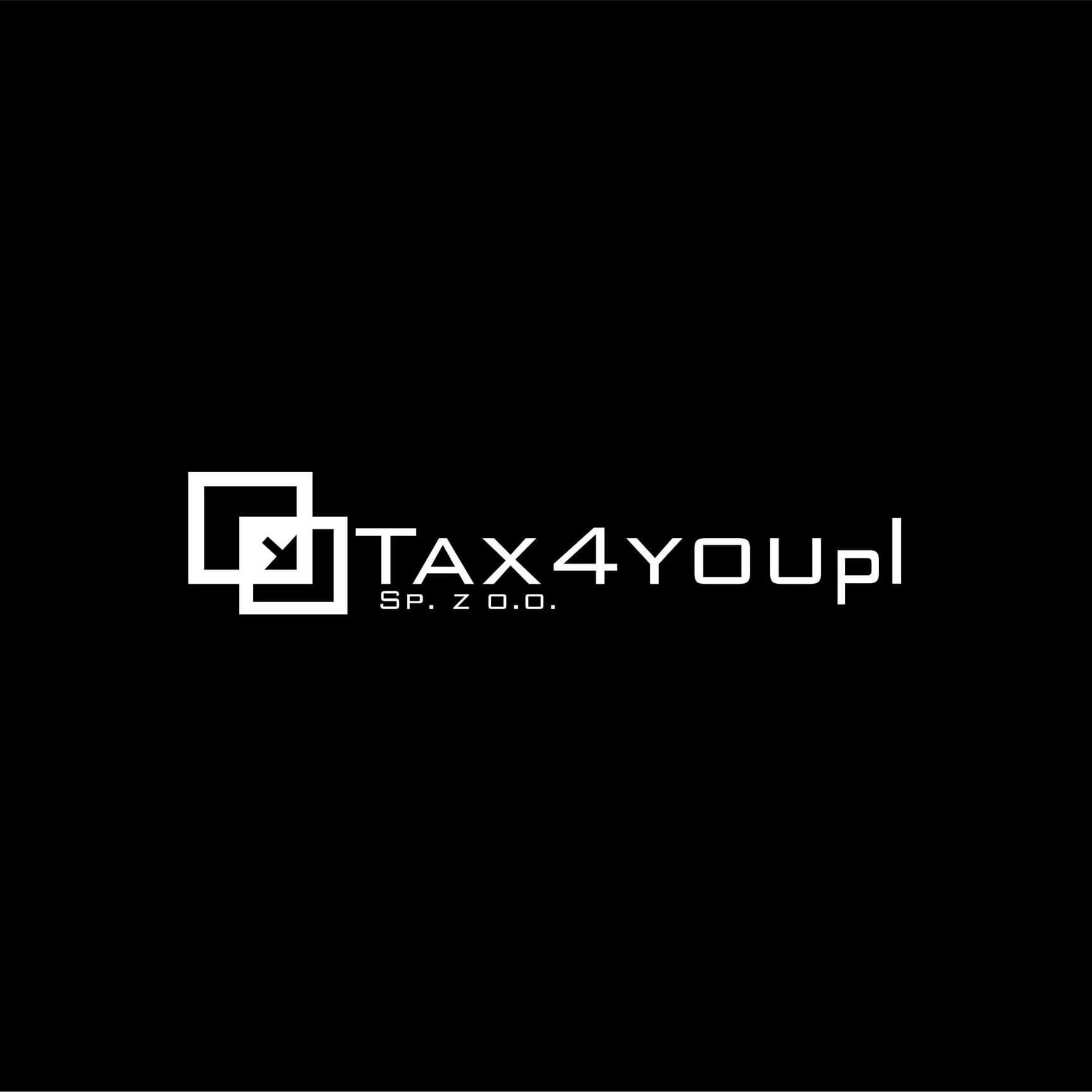Logo firmy TAX4YOUpl Sp. z o.o. w białej, geometrycznej stylistyce na czarnym tle.