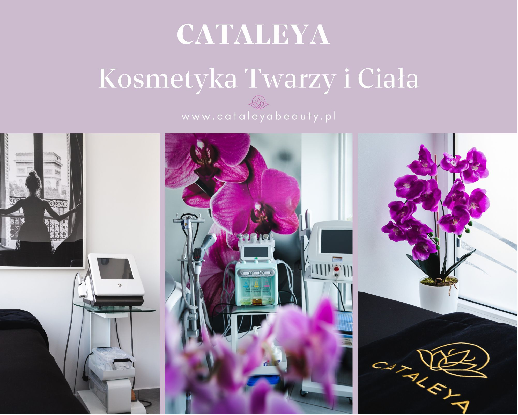 Wnętrze gabinetu kosmetycznego z trzema stanowiskami: czarno-białe zdjęcie kobiety przy oknie, stanowisko z urządzeniem do hydrabrazji i stanowisko z laserem, całość dopełniona fioletowymi...