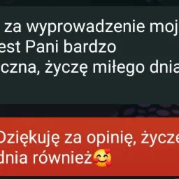 Zrzut ekranu konwersacji SMS z podziękowaniem za wyprowadzenie psa i pozytywną opinią o usłudze, zawierający emotikony.