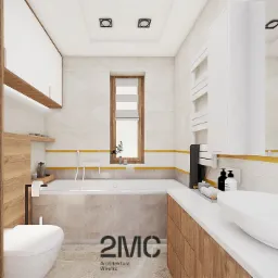 Wizualizacja łazienki z wanną obudowaną beżowymi płytkami, umywalką nablatową w kształcie elipsy, białymi szafkami z drewnianymi akcentami i oknem z roletą.