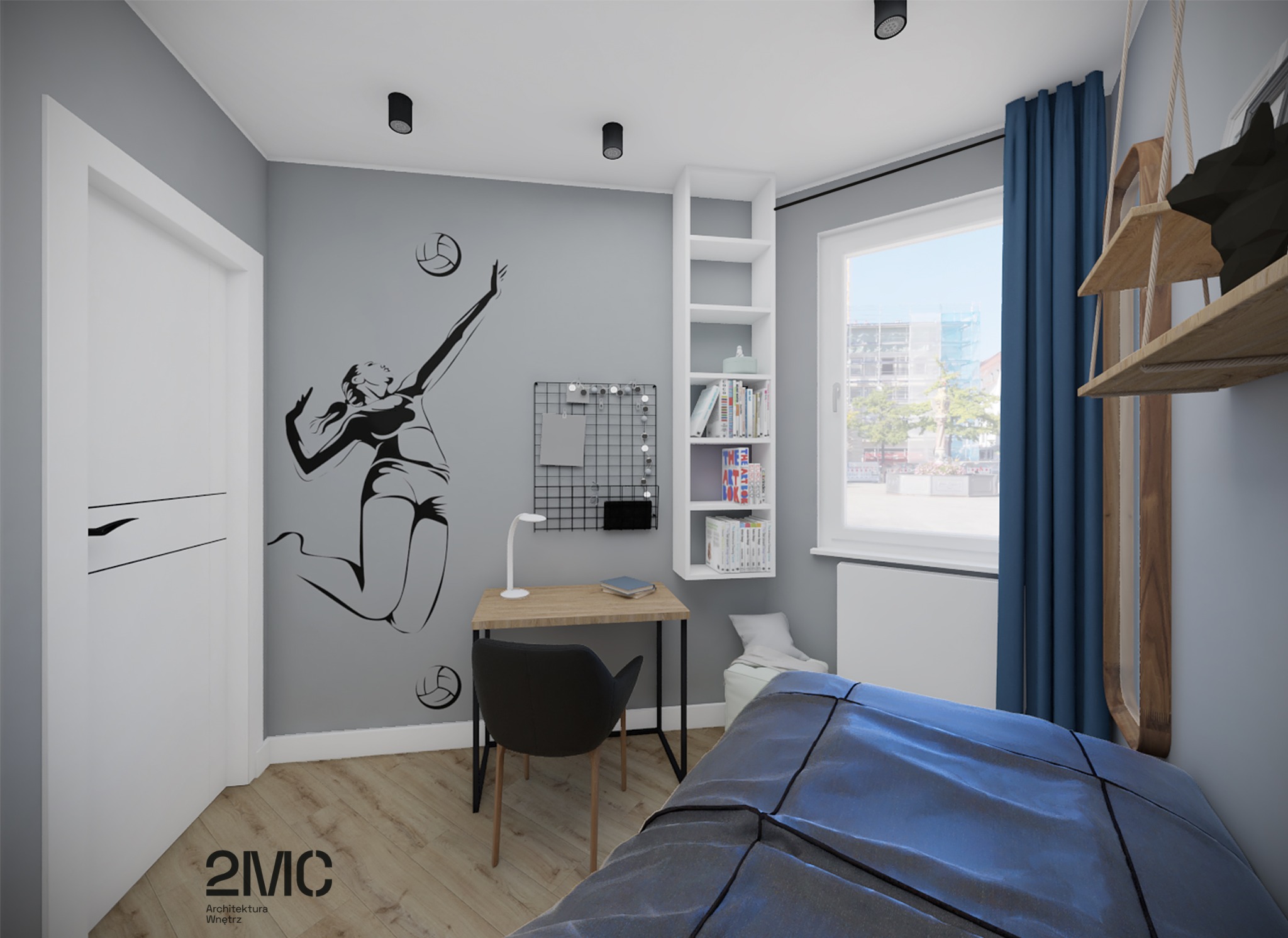Pokój młodzieżowy z szarą ścianą ozdobioną naklejką siatkarki, biurkiem z czarnym krzesłem, białym regałem i łóżkiem przykrytym granatową narzutą.