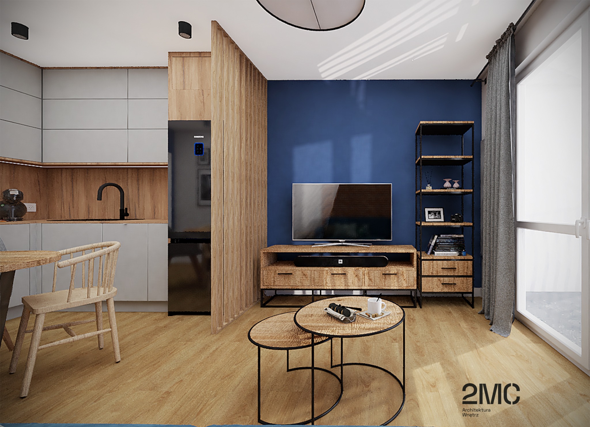 Wizualizacja wnętrza mieszkania z otwartą kuchnią, drewnianymi akcentami i granatową ścianą, stoliki kawowe z dekoracjami, krzesło z naturalnego drewna przy stole jadalnym.