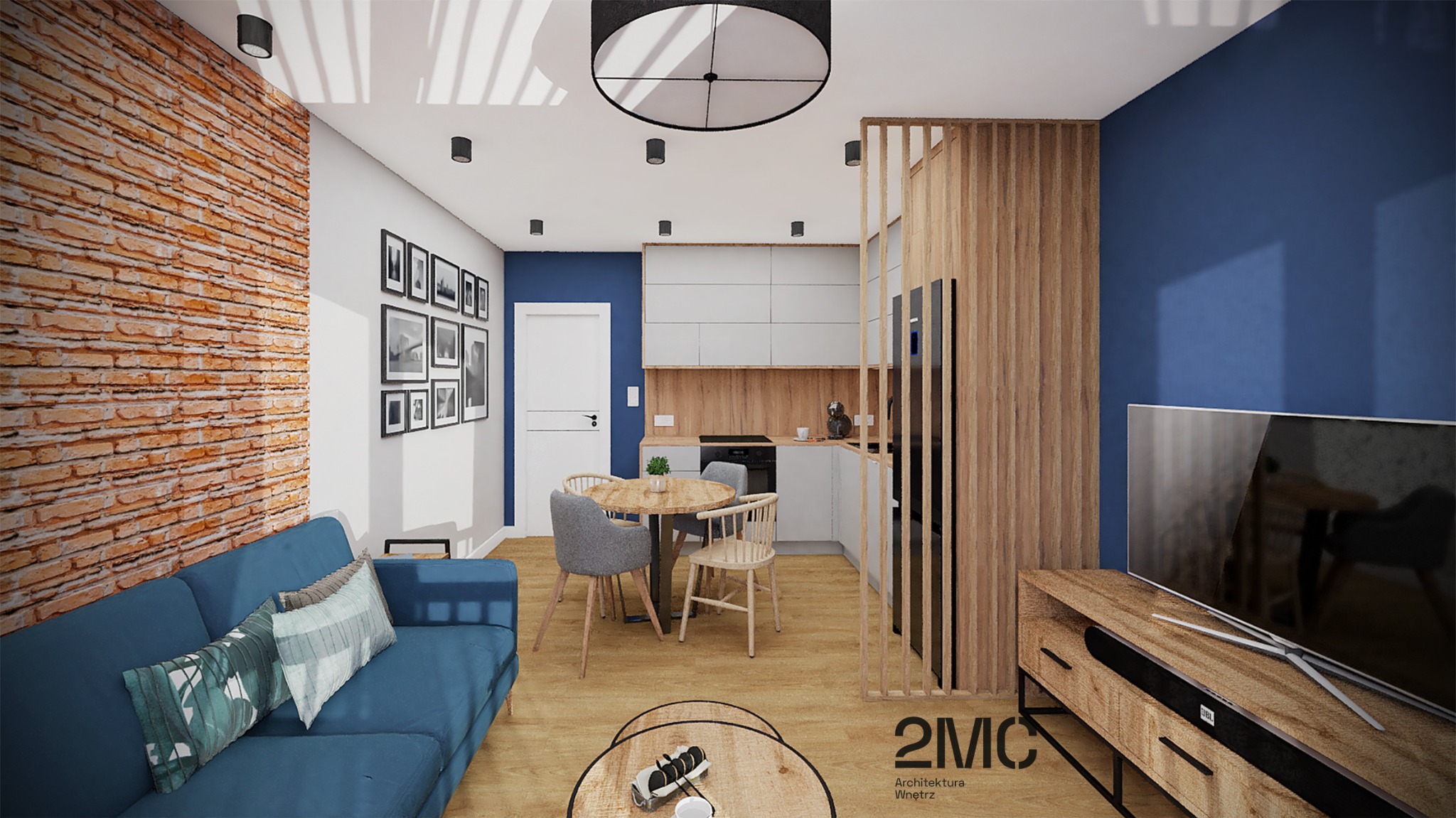Wizualizacja salonu z aneksem kuchennym: niebieska ściana, ceglana ściana, sofa, okrągły stół z krzesłami, drewniana ażurowa ścianka działowa, białe szafki kuchenne z drewnianym blatem.