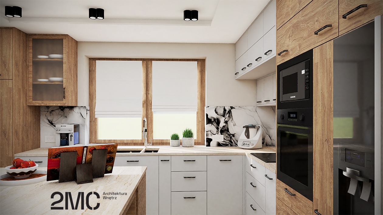 Wizualizacja nowoczesnej kuchni z drewnianymi i białymi szafkami, marmurowym backsplashiem i sprzętem AGD w zabudowie, z oknem i dekoracjami roślinnymi.