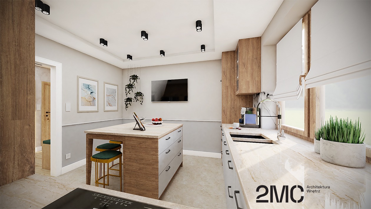 Wizualizacja nowoczesnej kuchni z wyspą, drewnianymi akcentami i roślinami doniczkowymi, czarne lampy sufitowe punktowe, widok z perspektywy blatu kuchennego.