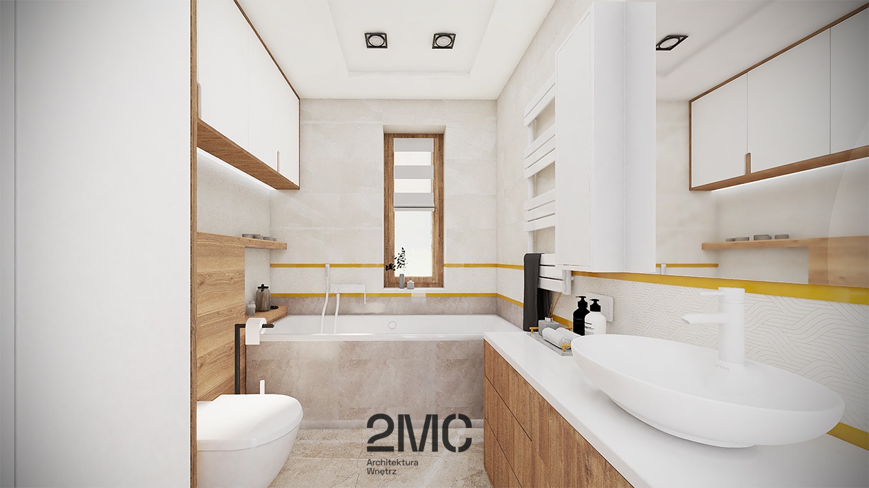 Wizualizacja łazienki z wanną obudowaną beżowymi płytkami, umywalką nablatową w kształcie elipsy, białymi szafkami z drewnianymi akcentami i oknem z roletą.