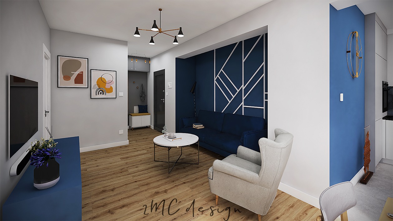 Wizualizacja salonu z granatową sofą, szarym fotelem uszakiem, geometryczną dekoracją ściany i drewnianą podłogą, uzupełniona o abstrakcyjne obrazy i złotą lampę.