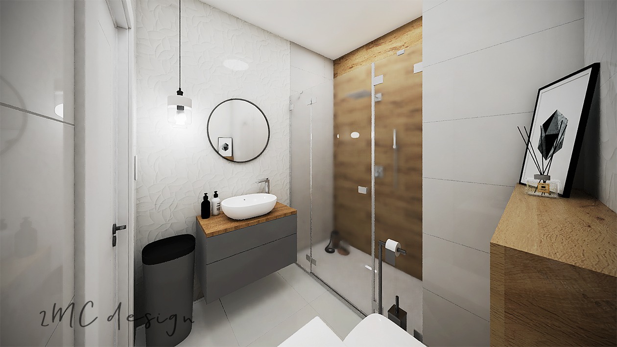 Wizualizacja nowoczesnej łazienki z owalną umywalką nablatową, szarą szafką pod umywalką z drewnianym blatem, okrągłym lustrem, kabiną prysznicową z drewnianym akcentem, dekoracyjną ścianą...