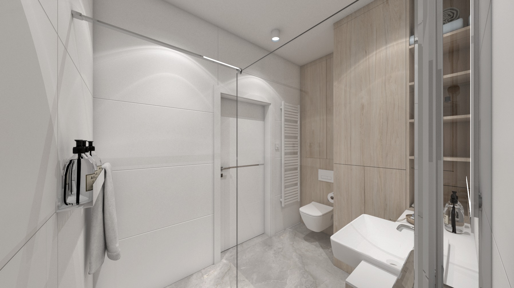 Nowoczesna łazienka z białymi płytkami, szklanym panelem prysznicowym, umywalką nablatową i drewnianą szafką, uzupełniona o minimalistyczne akcesoria łazienkowe.