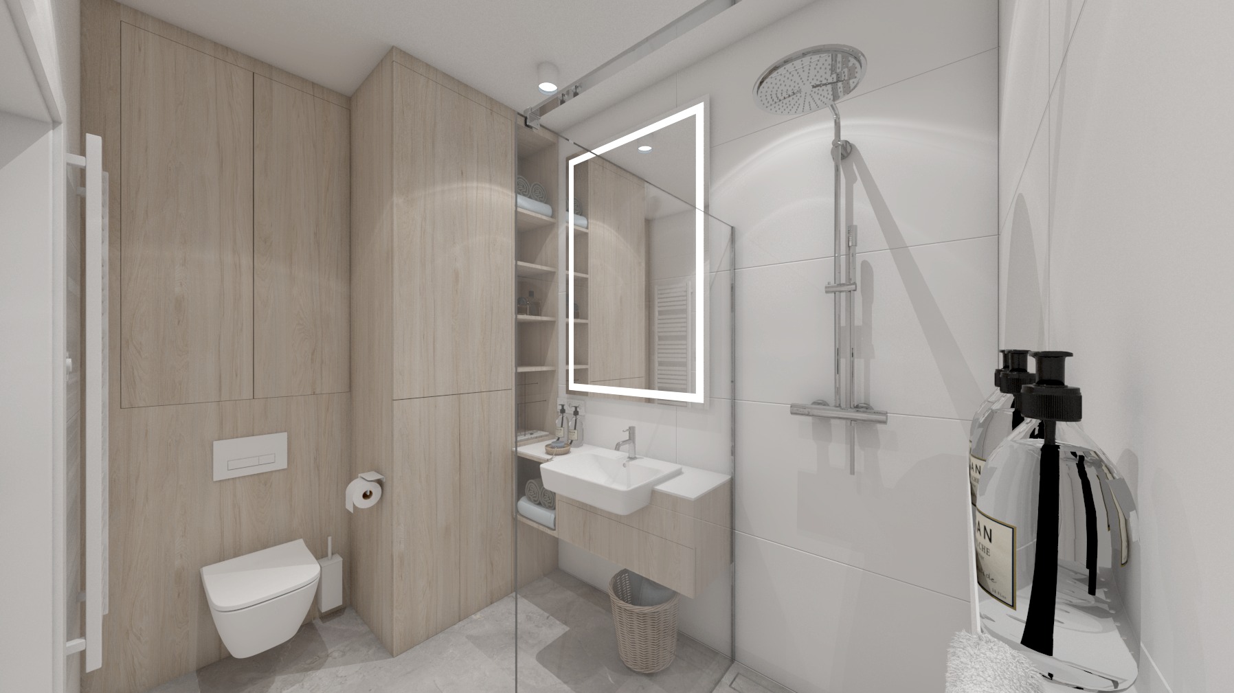 Nowoczesna łazienka z drewnianymi szafkami, podświetlanym lustrem, białą armaturą i szklaną kabiną prysznicową typu walk-in.