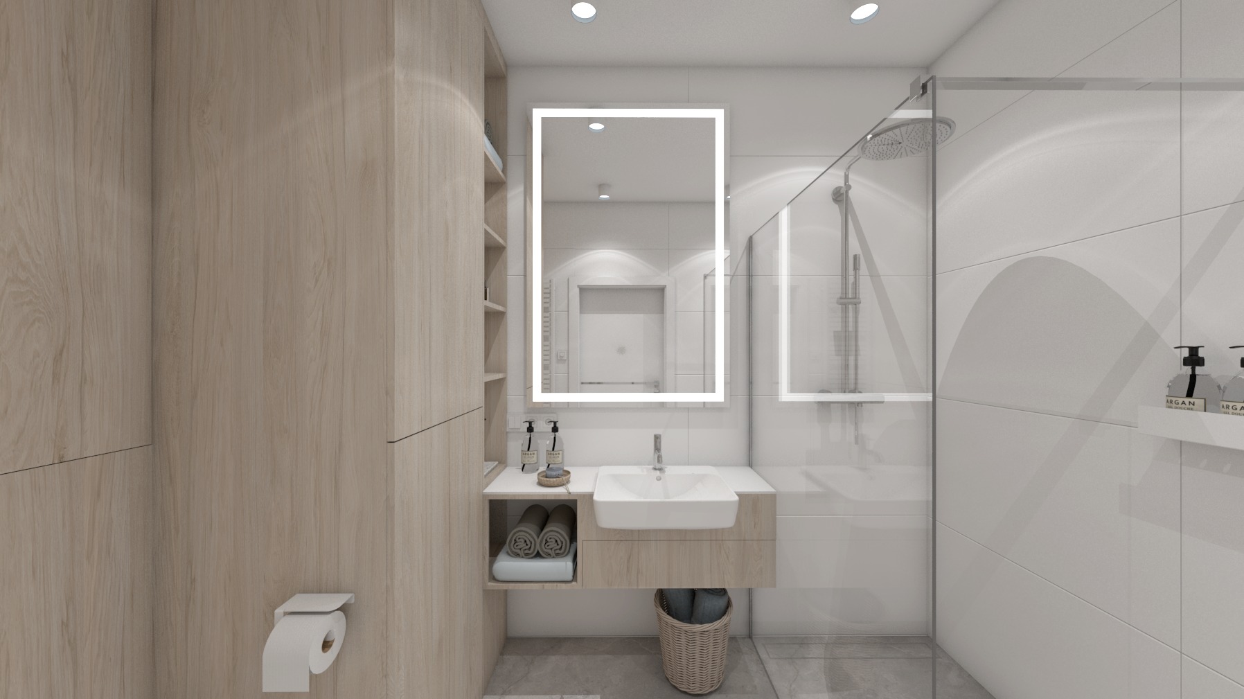 Nowoczesna łazienka z drewnianą zabudową, podświetlanym lustrem i szklaną kabiną prysznicową, ręczniki w koszyku pod umywalką.