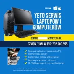 Reklama serwisu komputerowego YETO z czarnym komputerem stacjonarnym, monitorem i klawiaturą na żółto-niebieskim tle. Tekst informuje o naprawie laptopów i komputerów, odzyskiwaniu danych...