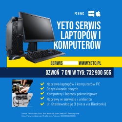 Reklama serwisu komputerowego YETO z czarnym komputerem stacjonarnym, monitorem i klawiaturą na żółto-niebieskim tle. Tekst informuje o naprawie laptopów i komputerów, odzyskiwaniu danych...