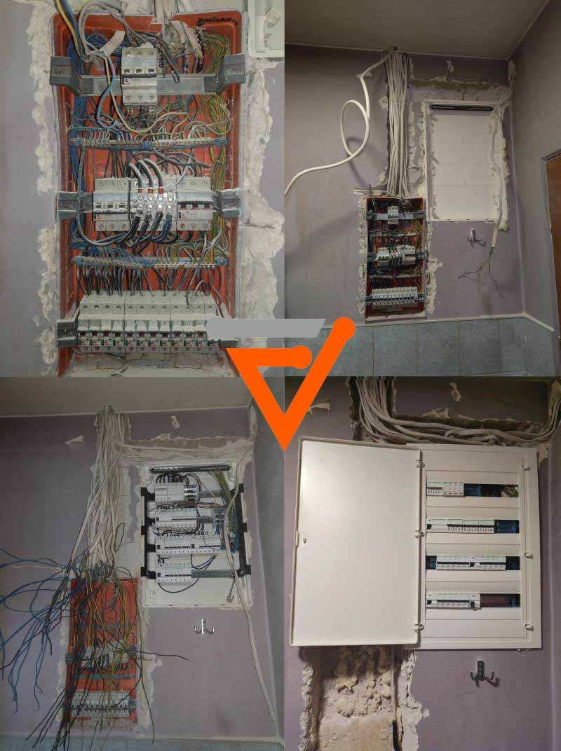 Cztery kadry z montażu rozdzielnic elektrycznych w surowym stanie, widoczne kable, puszki, ściany w trakcie wykończenia, oraz częściowo zamontowana rozdzielnica z otwartymi drzwiczkami.